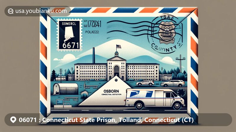 Modern illustration of Somers, Connecticut, showcasing postal theme with ZIP code 06071, featuring Osborn Correctional Institution, Connecticut state flag, and Tolland County map.