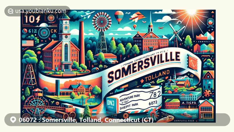 Modern illustration of Somersville, Tolland, Connecticut, showcasing unique landmarks and cultural elements with postal theme including textile mills, Courthouse Museum, Adventure Park, Crandall Park, and Shenipsit State Forest.
