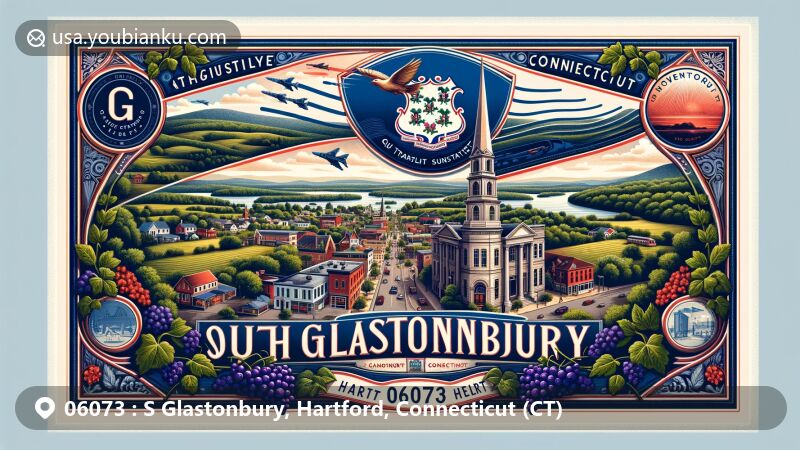 Modern illustration of South Glastonbury, Hartford, Connecticut, highlighting historic district and natural landscapes, featuring state flag with motto 'Qui Transtulit Sustinet', and postal elements like stamp and postmark.
