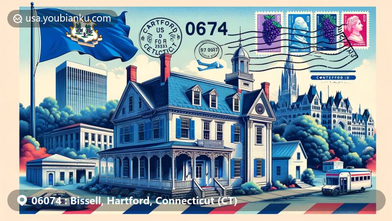 Modern illustration of Bissell, Hartford County, Connecticut, showcasing postal theme with ZIP code 06074, featuring Benjamin Bissell House, Bissell Tavern, and iconic Hartford buildings like Connecticut State Capitol and state flag.