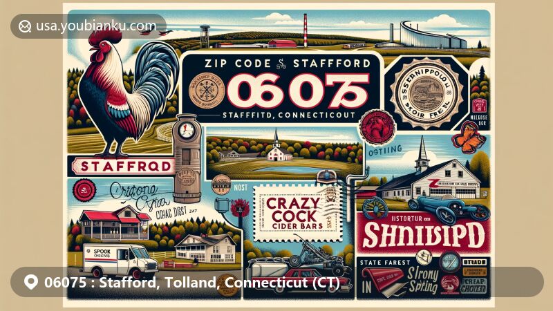 Modern illustration showcasing Stafford, Connecticut, with postal theme ZIP code 06075, featuring rural landscapes, Stafford Motor Speedway, Shenipsit State Forest, Stafford Hollow Historic District, Iron Spring, and Crazy Cock Cider bar.