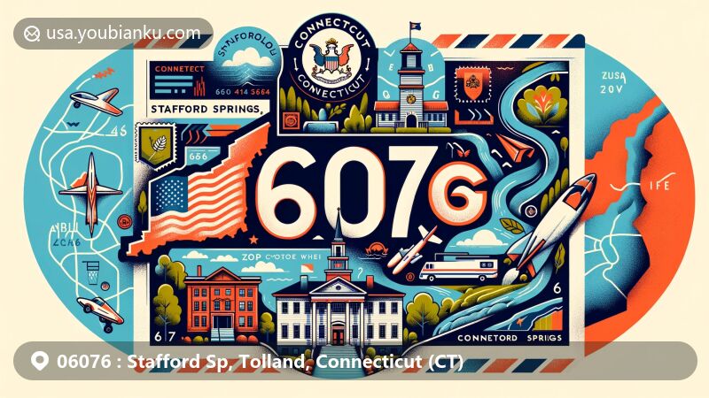 Modern illustration of Stafford Springs, Tolland County, Connecticut, featuring map outline, historic district landmarks, Connecticut state symbols, and postal elements with ZIP code 06076.