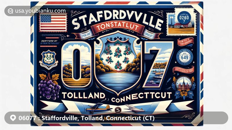 Modern illustration of Staffordville, Tolland County, Connecticut, featuring vintage airmail envelope with ZIP code 06077, Staffordville Lake, and Connecticut state flag.