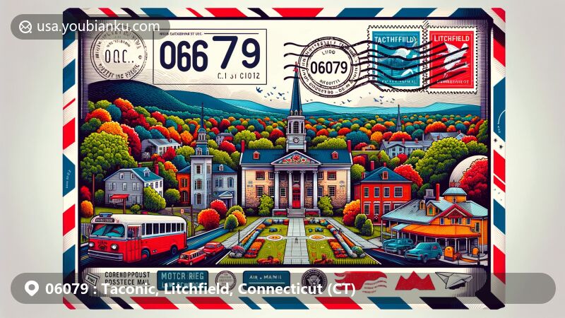 Modern illustration of Taconic, Litchfield, Connecticut, depicting postal theme with ZIP code 06079, highlighting Litchfield's iconic landmarks and natural beauty, seamlessly integrated with postal elements for a vibrant and artistic design suitable for web use.