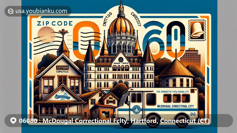 Creative illustration of Hartford, Connecticut, merging Gothic landmarks like Connecticut State Capitol, Mark Twain House, and Harriet Beecher Stowe Center into a postal-themed artwork with vintage postcard elements.
