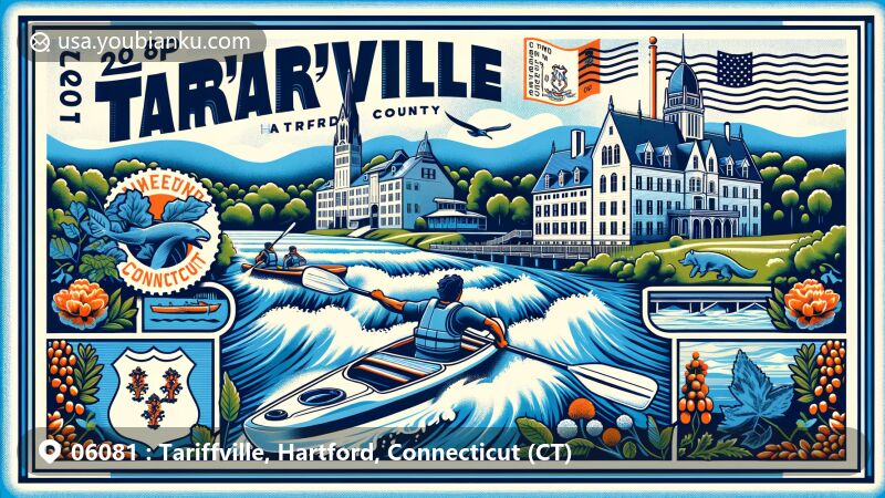 Modern illustration of Tariffville, Hartford County, Connecticut, showcasing iconic whitewater paddling scene on Farmington River and Mark Twain House, featuring Connecticut state flag with state symbols like American Robin and Mountain Laurel.