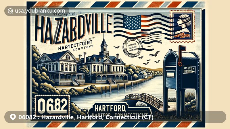 Modern illustration of Hazardville, Hartford, Connecticut, blending historical and postal themes with Greek Revival and Italianate architecture, featuring Connecticut state flag and iconic American mailbox.