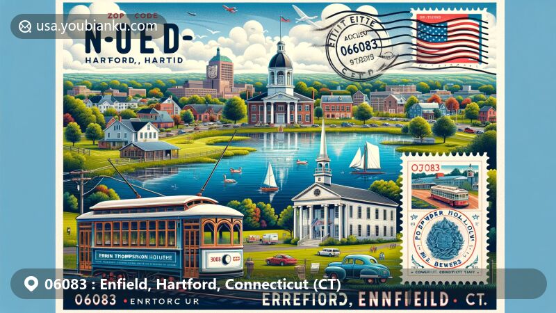 Modern illustration of Enfield, Hartford County, Connecticut (CT), representing scenic landscape with Freshwater Pond, historical Errin Thompson House, and Enfield Town Meetinghouse. Features Connecticut Trolley Museum's electric streetcar and Powder Hollow Brewery, blended with postal elements like airmail envelope, vintage stamps, and postmark '06083 Enfield, CT'. Includes classic postbox and mail delivery van, emphasizing postal theme.