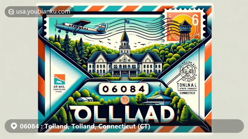 Modern illustration of Tolland, Tolland County, Connecticut, showcasing vintage-style air mail envelope with prominent postmark featuring ZIP code 06084, highlighting historic Tolland County Courthouse Museum, green trees, and Shenipsit State Forest, complemented by a stylized postage stamp with Connecticut state flag.