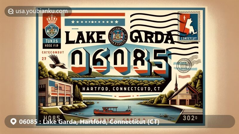 Modern illustration of Lake Garda, Hartford, Connecticut, showcasing postal theme with ZIP code 06085, featuring vintage airmail envelope, scenic view of Lake Garda, and local landmarks like Tunxis Hose Firehouse and Nassahegon State Forest.