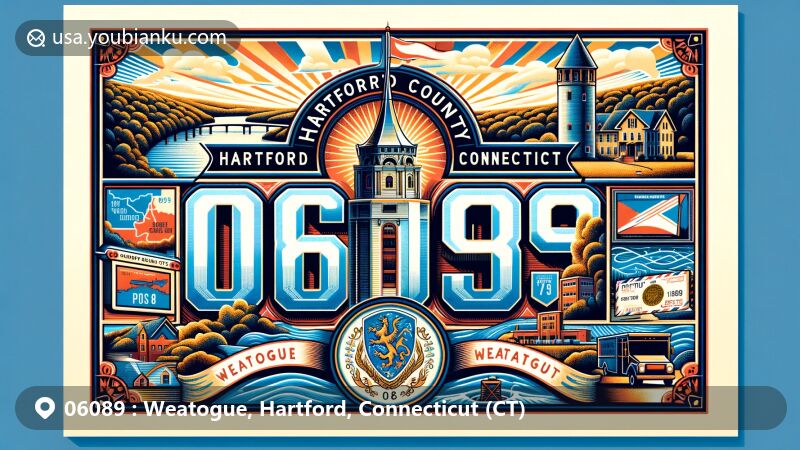 Modern illustration of Weatogue, Hartford County, Connecticut, with bold ZIP code 06089, showcasing iconic landmarks like Heublein Tower and Talcott Mountain State Park, reflecting natural beauty and postal theme.
