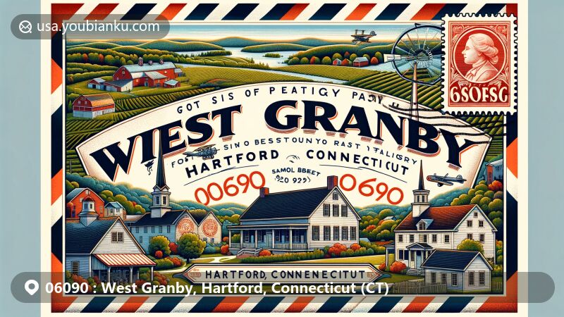 Modern illustration of West Granby, Hartford County, Connecticut, featuring vintage airmail envelope style with historic district showcasing Colonial, Federal, and Greek Revival architecture, notable buildings, and scenic landscape.