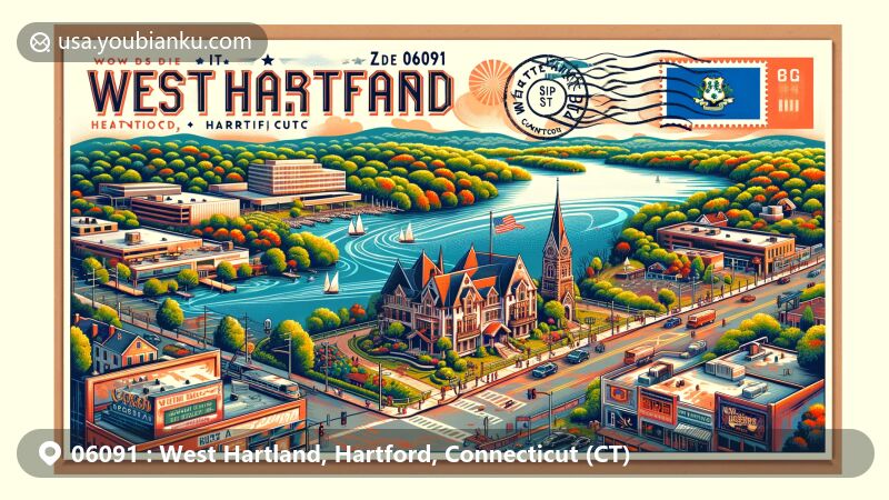 Vibrant illustration depicting West Hartland, Hartford, Connecticut, featuring West Hartford Reservoir, Mark Twain House & Museum, and Blue Back Square, intertwined with Connecticut state flag and postal elements.