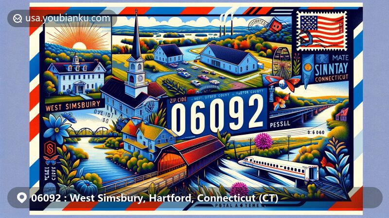 Modern illustration of West Simsbury, Hartford County, Connecticut, featuring Flamig Farm and Old Drake Hill Flower Bridge, blending with the state symbols like the Connecticut flag in a postal-themed design.