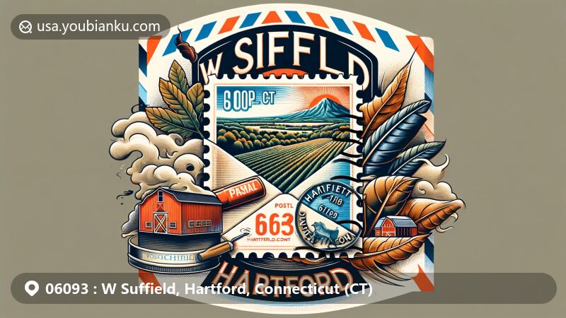 Modern illustration of W Suffield, Hartford, CT, featuring vintage airmail envelope with Metacomet Ridge postage stamp, 06093 ZIP code, and agricultural symbols like tobacco leaf and barn.