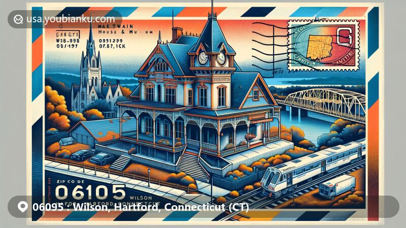 Modern illustration of Wilson, Hartford, Connecticut, showcasing postal theme with iconic airmail envelope featuring Mark Twain House & Museum and Bulkeley Bridge, intertwined with Connecticut state map and flag stamp, highlighting ZIP code 06095.