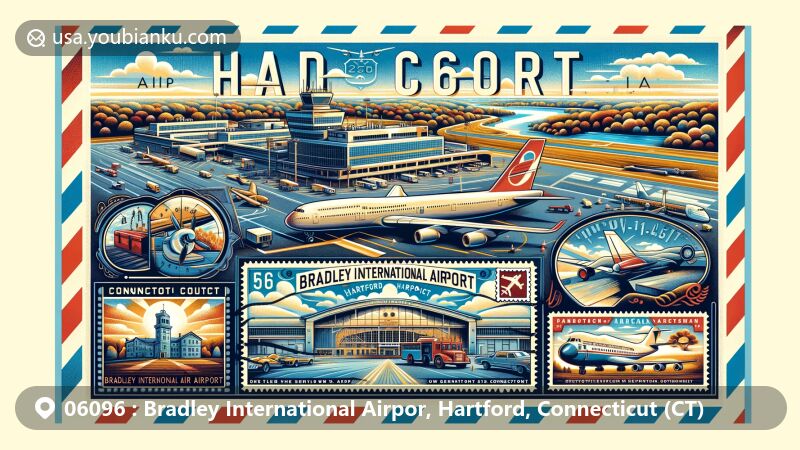 Modern illustration of Bradley International Airport, Hartford, Connecticut, capturing the essence of aviation history and seasonal beauty, featuring vintage air mail envelope with Connecticut postal theme and ZIP code 06096.