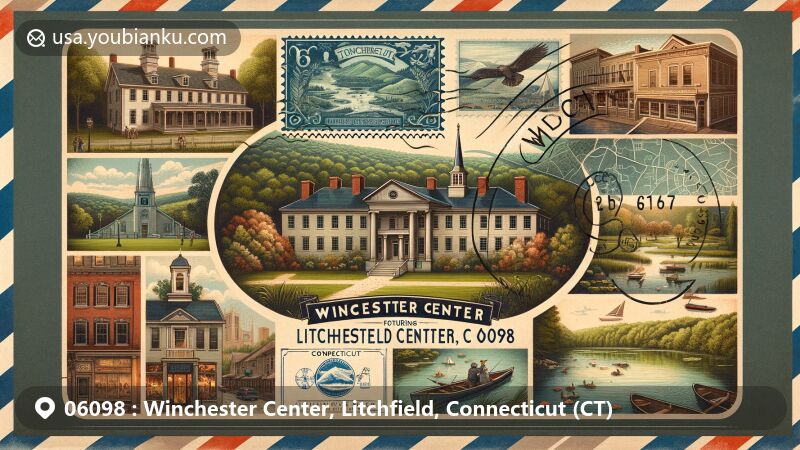 Modern illustration of Winchester Center, Litchfield County, Connecticut, featuring vintage airmail envelope with Litchfield Town Green and natural beauty like Platt Hill State Park, complemented by Connecticut state flag stamp and 'Winchester Center, CT 06098' postmark.
