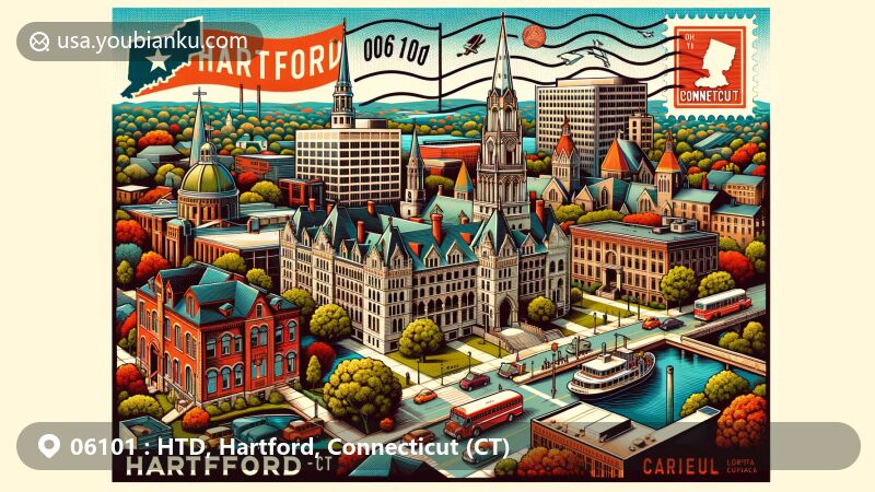 Modern illustration of Hartford, Connecticut, representing ZIP code 06101, featuring iconic landmarks like the Old State House, Cathedral of St. Joseph, and Bushnell Park, along with cultural sites such as Wadsworth Atheneum and Mark Twain House & Museum.