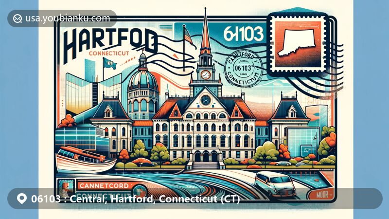 Modern illustration of Central Hartford, Connecticut, highlighting iconic landmarks Old State House and Connecticut Science Center, with postal elements and state map outline, showcasing historical richness and modern vitality.