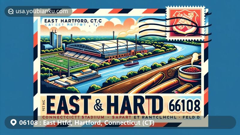 Modern illustration of East Hartford, Connecticut, showcasing iconic landmarks including the Connecticut River, Rentschler Field, and historical tobacco agriculture, with postal elements like stamps and ZIP code 06108.