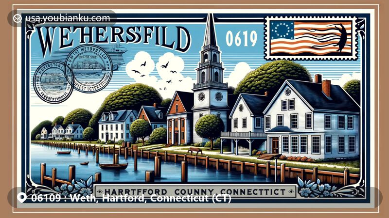 Modern illustration of Old Wethersfield Historic District in Wethersfield, Hartford County, Connecticut, showcasing Colonial and Federal style buildings with white clapboarding, including First Church of Christ Congregational from 1764. Background features picturesque Wethersfield Cove with elm, oak, and sycamore trees.