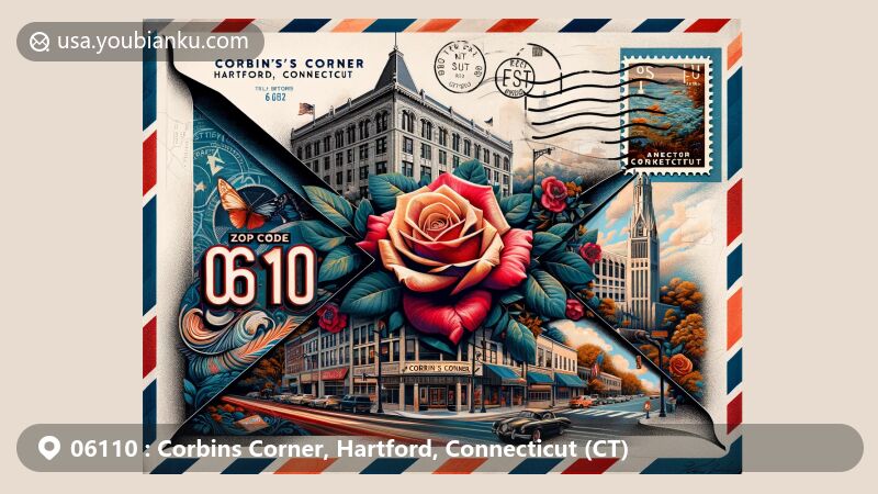 Modern illustration of Corbins Corner, Hartford, Connecticut, featuring vintage airmail envelope with vibrant rose mural inspired by Elizabeth Park, Connecticut state flag, postal stamp of Corbin's Corner Shopping Center, and ZIP code 06110, blending local culture and postal imagery.