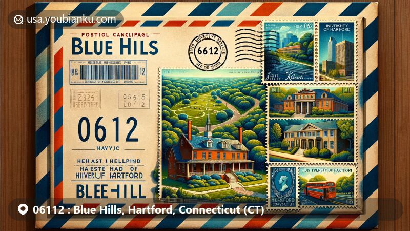 Modern illustration of Blue Hills, Hartford, Connecticut, featuring iconic Blue Hills Avenue, Keney Park, University of Hartford, and key landmarks like Thomas Hyland Memorial Park, Watkinson School, and Mort and Irma Handel Performing Arts Center.
