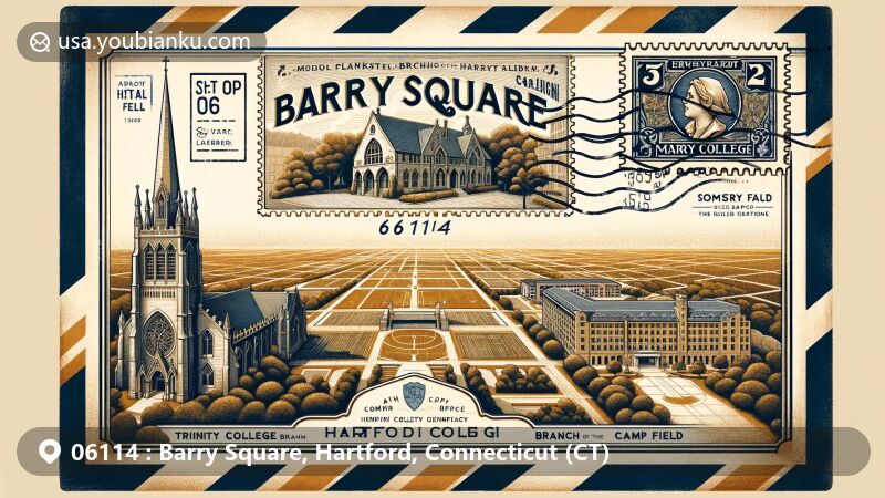 Modern illustration of Barry Square, Hartford, Connecticut, with postal theme showcasing ZIP code 06114, featuring St. Augustine's Church, Trinity College campus, Mayor Mike Peters Fire Station, and Camp Field Branch of Hartford Public Library.