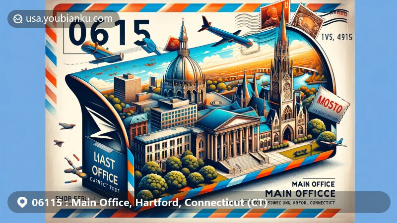 Modern illustration of Main Office, Hartford, Connecticut, portraying iconic landmarks and symbols of the city on a creatively designed airmail envelope, incorporating postal elements like stamps, a postmark with '06115', and a classic mailbox.