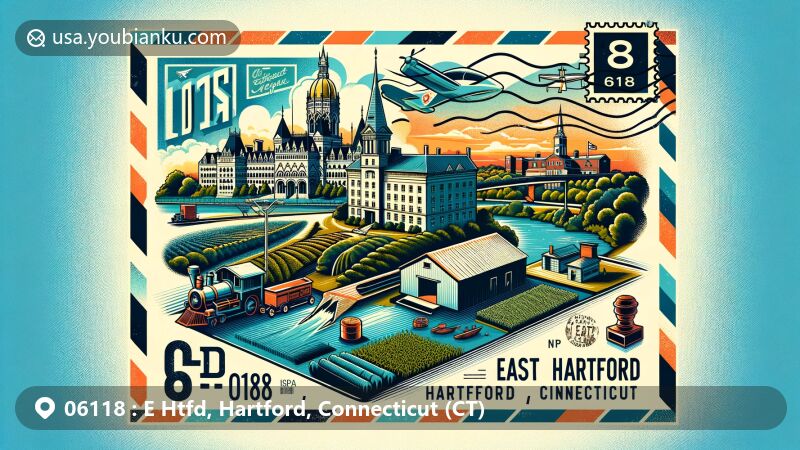 Modern illustration of East Hartford, Hartford, Connecticut, featuring postal theme with ZIP code 06118, highlighting cultural landmarks including Connecticut State Capitol and Mark Twain House & Museum, and incorporating elements of riverine geography and agricultural heritage.