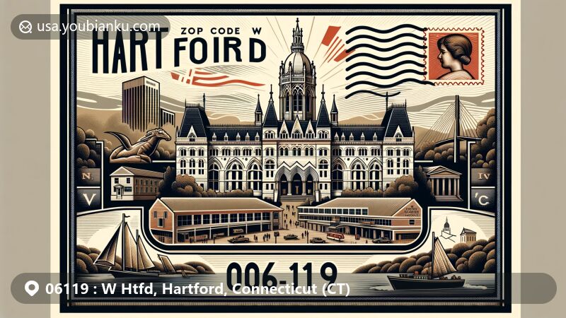 Vintage-style airmail envelope design for ZIP code 06119, W Htfd, Hartford, Connecticut, featuring iconic landmarks and cultural elements like Connecticut State Capitol, Mark Twain House & Museum, Harriet Beecher Stowe Center, and natural beauty of Hartford.