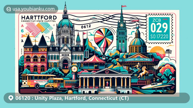 Modern illustration of Hartford, Connecticut, featuring postal theme with ZIP code 06120, showcasing iconic landmarks like Mark Twain House & Museum, Connecticut State Capitol, and more.
