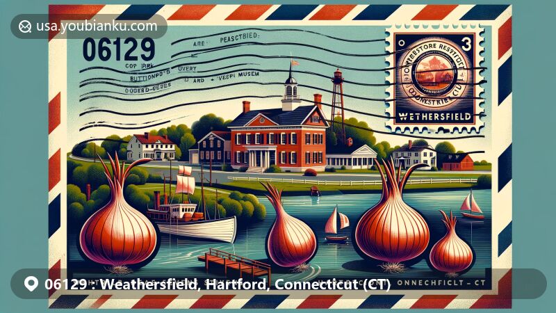 Modern illustration of Weathersfield, Hartford County, Connecticut, featuring Cove Park, Webb-Deane-Stevens Museum, Buttolph-Williams House, and postal theme with ZIP code 06129, harmoniously blending vintage and vibrant colors.