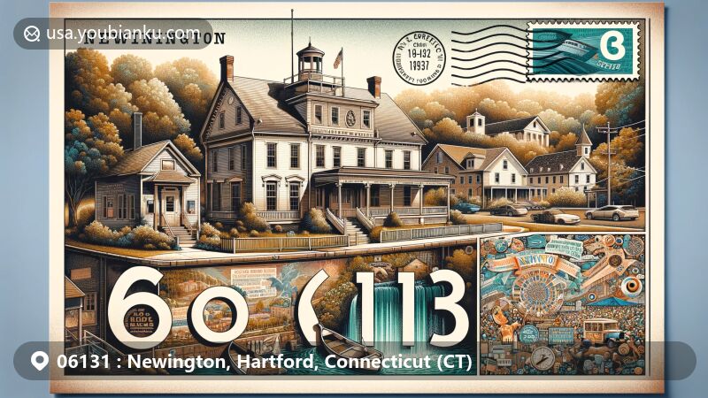 Modern illustration of Newington, Hartford County, Connecticut, showcasing postal theme with ZIP code 06131, featuring Hiram Percy Maxim Memorial Station, Gen. Martin Kellogg House, Enoch Kelsey House, and Newington Waterfall Festival.
