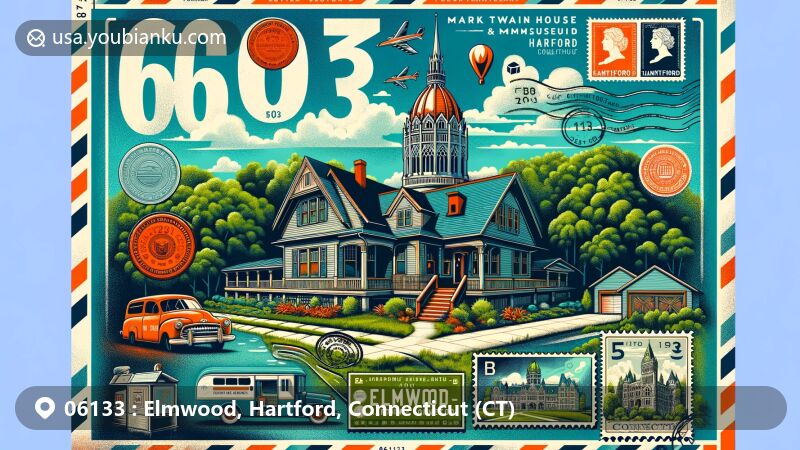 Modern illustration of Elmwood, Hartford, Connecticut, featuring Mark Twain House & Museum, Connecticut State Capitol, post-war homes, and lush greenery, reflecting the suburban nature of the area with postal theme around ZIP code 06133.