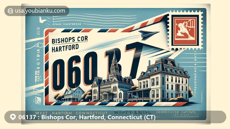 Vintage-style illustration of Bishops Cor, Hartford, Connecticut, depicting a retro airmail envelope with prominent '06137' ZIP Code and collage of iconic landmarks like Mark Twain House & Museum, Connecticut State Capitol, and West Hartford suburban history.