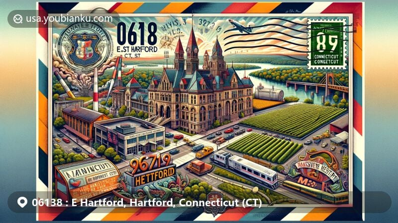 Modern illustration of E Hartford, Hartford, Connecticut, showcasing postal theme with ZIP code 06138, featuring landmarks like Mark Twain House and Wadsworth Atheneum, and highlighting Connecticut's cultural heritage.
