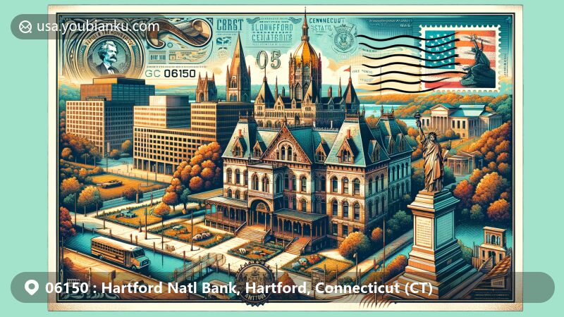Modern illustration of Hartford, Connecticut, showcasing Mark Twain House & Museum, Connecticut State Capitol, Cathedral of St. Joseph, Soldiers and Sailors Memorial Arch in Bushnell Park, with Hartford skyline elements. Postal theme with ZIP code 06150 harmoniously integrated.