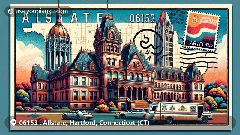 Modern illustration of Allstate, Hartford, Connecticut (CT), featuring Mark Twain House & Museum, Connecticut State Capitol, and postal elements with ZIP code 06153, in a vibrant postcard design.
