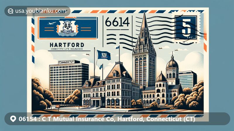 Modern illustration depicting ZIP code 06154 in Hartford, Connecticut, featuring iconic Connecticut Mutual Life Insurance building, Hartford landmarks, city flag, and vintage postal theme with stamps and postmark.