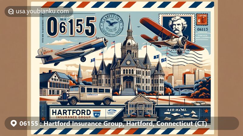 Modern illustration of Hartford, Connecticut, showcasing postal theme with ZIP code 06155, featuring state flag, landmarks like The Mark Twain House & Museum and Connecticut State Capitol, and Hartford skyline.