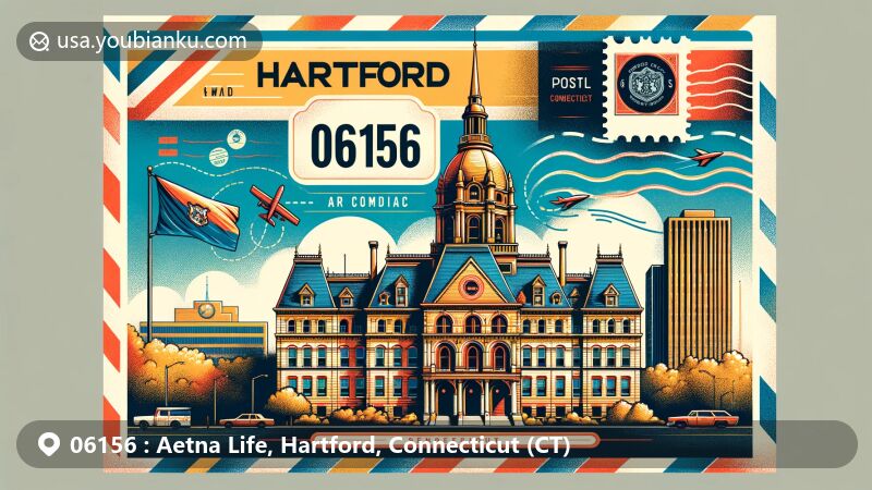 Modern illustration of Aetna Life, Hartford, Connecticut, showcasing iconic Aetna Building with gold-domed colonial-revival architecture, CT state symbols, and postal elements including postage stamp and clear display of ZIP code 06156.