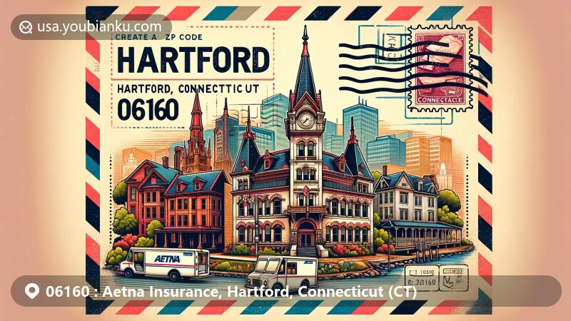 Modern illustration of Aetna Insurance area in Hartford, Connecticut, featuring Aetna Building and Mark Twain House & Museum, integrated into retro airmail envelope with postal elements and Connecticut state symbols.