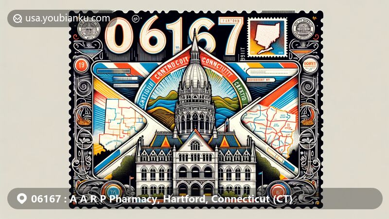 Modern illustration of Hartford, Connecticut, showcasing postal theme with ZIP code 06167, featuring State Capitol stamp, postal markings, and county map, blending postal elements with city's cultural significance.