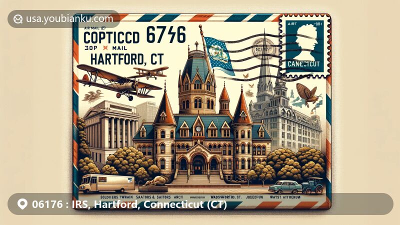 Modern illustration of ZIP code 06176, Hartford, Connecticut, featuring key landmarks like Mark Twain House, Old State House, and Cathedral of St. Joseph, with symbols of cultural heritage and postal theme.