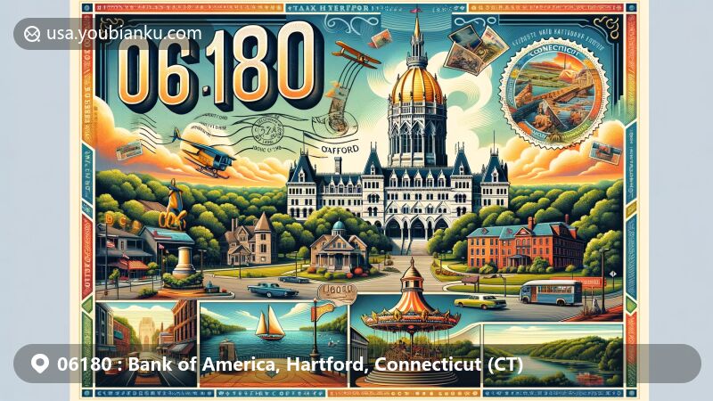 Modern illustration of Hartford, Connecticut, depicting iconic landmarks and postal elements for ZIP code 06180, with Connecticut State Capitol as centerpiece symbolizing rich history, surrounded by Mark Twain House, Bushnell Park carousel, and Harriet Beecher Stowe Center.