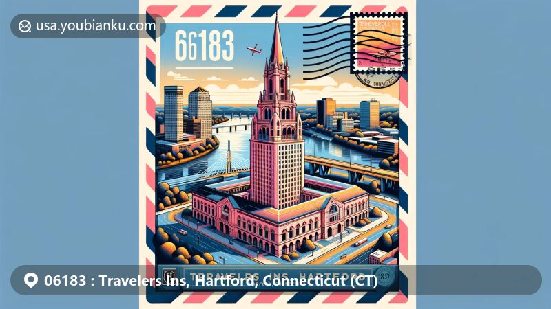 Modern illustration of Travelers Tower in Hartford, Connecticut, showcasing neo-classical architecture, city skyline, Connecticut River, and postal theme with ZIP code 06183, featuring the state flag stamp.