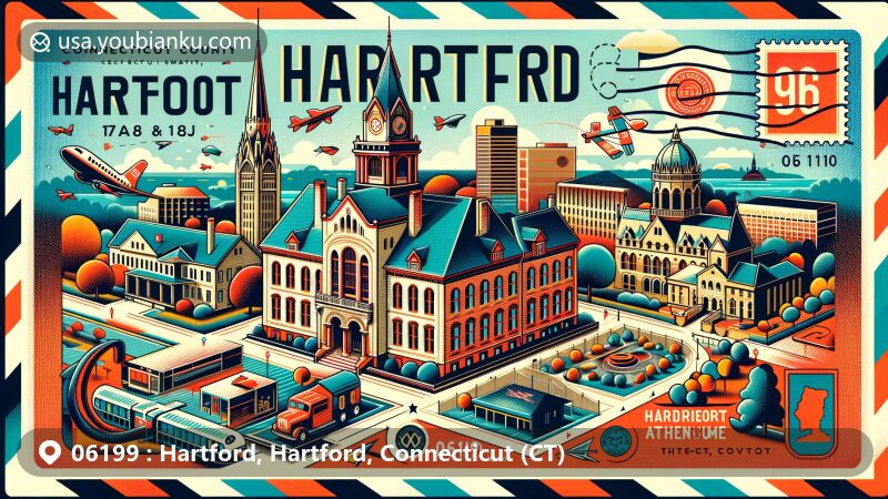Modern illustration of Hartford, Hartford County, Connecticut (CT), showcasing ZIP code 06199, featuring Mark Twain House & Museum, Connecticut State Capitol, and Harriet Beecher Stowe Center in a postcard style with stamps and postmarks.