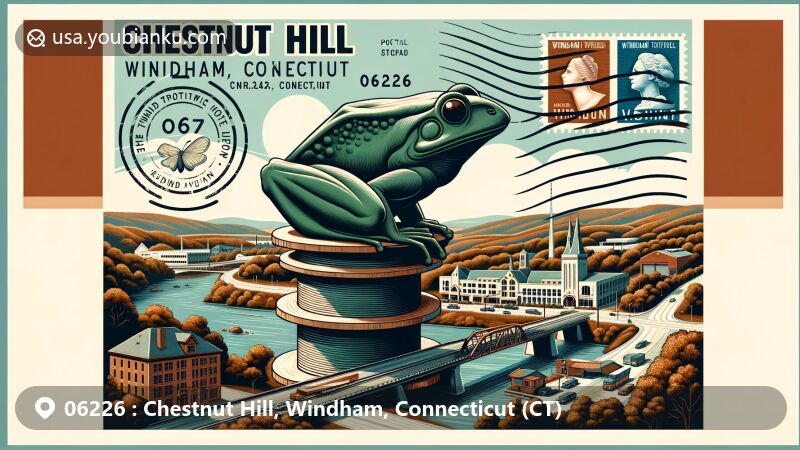 Modern illustration of Frog Bridge in Chestnut Hill, Windham, Connecticut, showcasing the postal theme with ZIP code 06226, featuring iconic frog sculptures and spools of thread symbolizing 'Thread City' history and local legend.